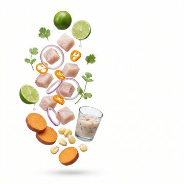 Peruvian Ceviche Components Exploded Floating White Studio with Copy Space