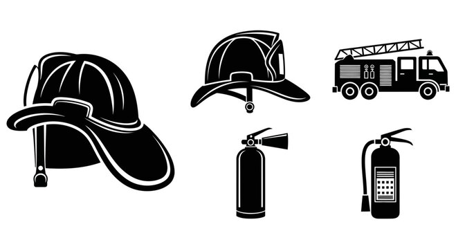 Firefighter equipment and vehicle icons including helmets and safety tools