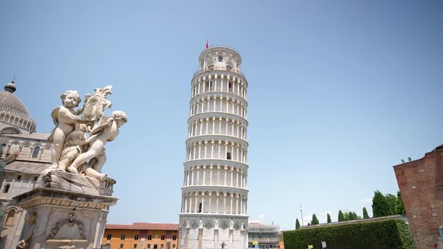 Leaning Tower of Pisa Landmark on Sunny Day, Tuscany Italy