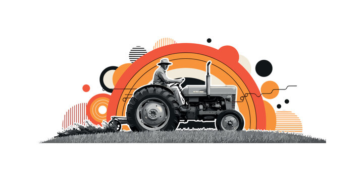 farmer driving tractor with geometric circles abstract shapes and lines, black and white farmer sitting on retro tractor working in a rural field with layered
