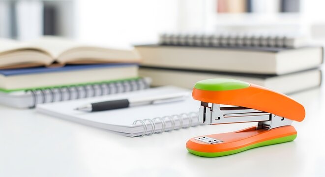 Close-up of stapler, notebook, pens, and books on a white surface, blurred background