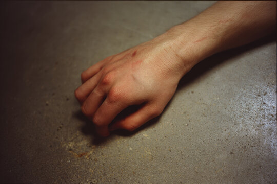 Chronic, fatigue, syndrome, exhaustion are all included description as required.A hand resting concrete surface shows signs of chronic fatigue syndrome and exhaustion with visible redness