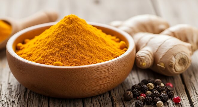 Close-up of turmeric powder in a wooden bowl with ginger root and peppercorns