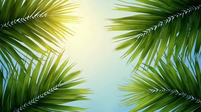 The Palm Leaves Forming a Tropical Green Frame with Bright Sunlit Center.