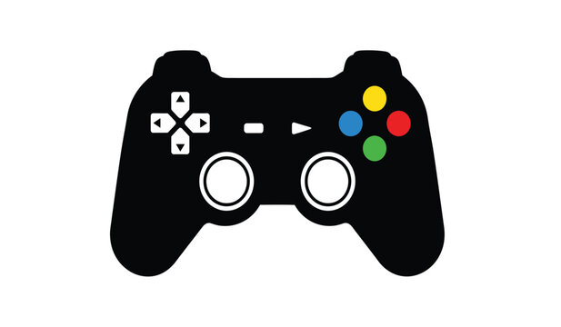 A silhouette of a video game controller with colorful buttons and directional pad