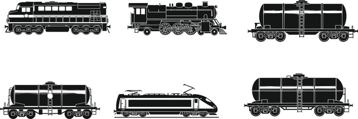 Train silhouettes set featuring diesel locomotive, steam engine and tanker wagons, railway transport collection isolated on white background for logistics, cargo and transportation design © MdAbuBakkar
