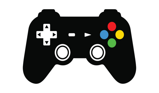 A silhouette of a video game controller with colorful buttons and directional pad