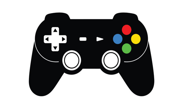 A silhouette of a classic video game controller with colorful buttons and directional pad