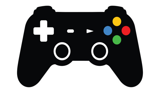 A silhouette of a video game controller with colorful buttons and directional pad