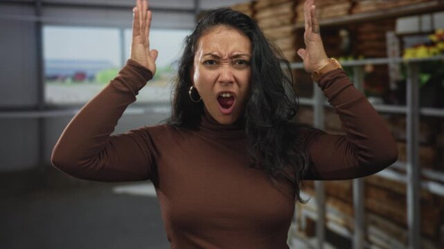 Woman with hands raised shouting inside building near shelves and window, wearing hoop earrings and brown turtleneck; anger dispute.