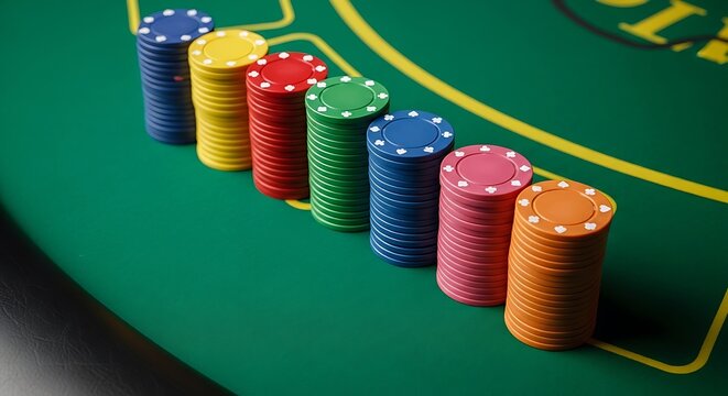 Colorful poker chips stacked on a green casino table, close-up shot