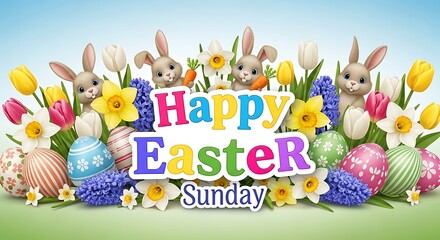 Obraz premium Vibrant easter sunday celebration with bunnies flowers and eggs