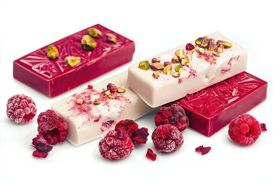 Ruby chocolate bars with dried raspberries and pistachios on white background