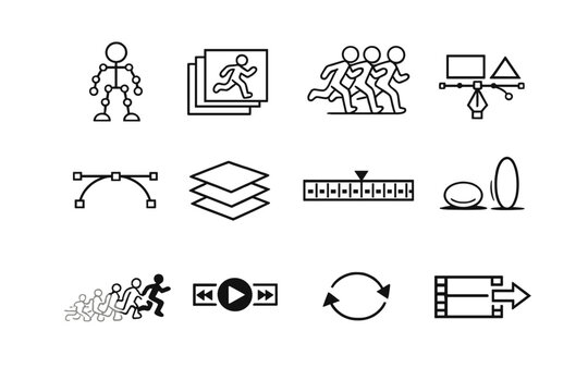 2D Animation. Line outline icon set of 2D Animation: character rig, frame by frame, onion