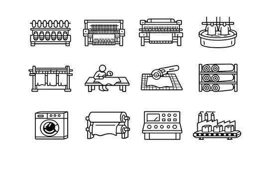 Textile Production. Line outline icon set of Textile Production: spinning machine, weaving