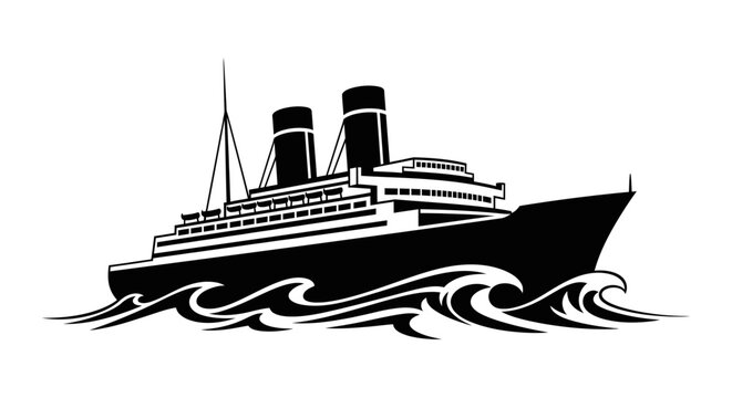 Silhouette of a large ocean liner ship with three smokestacks on the water