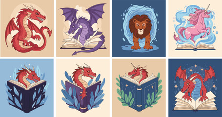 Fantasy creature illustrations featuring dragons, pink unicorn, and lion emerging from magic books for storytelling, fairy tale, and library education theme concept. © Shilpi