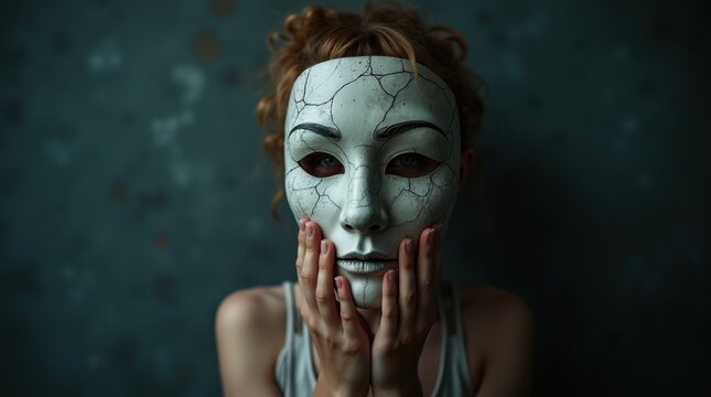 Striking conceptual image of a person holding a cracked mask, symbolizing neurodivergent masking, social masking, and hidden emotions in a moody, artistic style, adhd, autism