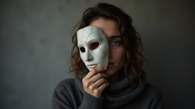 Striking conceptual image of a person holding a cracked mask, symbolizing neurodivergent masking, social masking, and hidden emotions in a moody, artistic style, adhd, autism