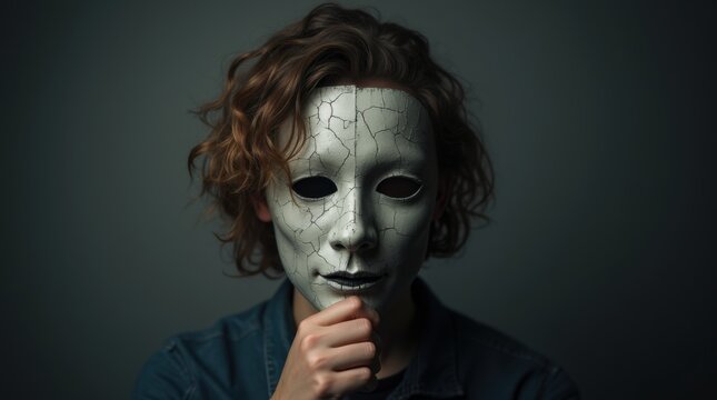 Striking conceptual image of a person holding a cracked mask, symbolizing neurodivergent masking, social masking, and hidden emotions in a moody, artistic style, adhd, autism