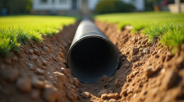 Subterranean drainage pipe installation in progress, a corrugated sewer line laid in an open trench across a residential green lawn during sunny day 
