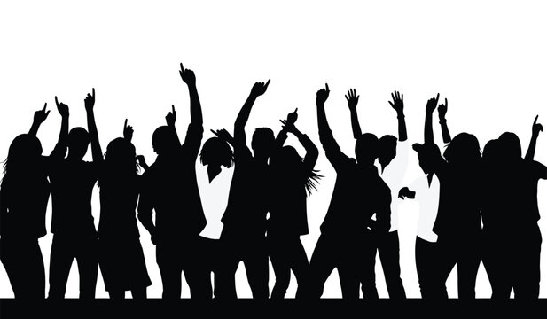 A group of people in silhouette celebrating with raised arms in unison against a white background conveying unity and joy silhouette