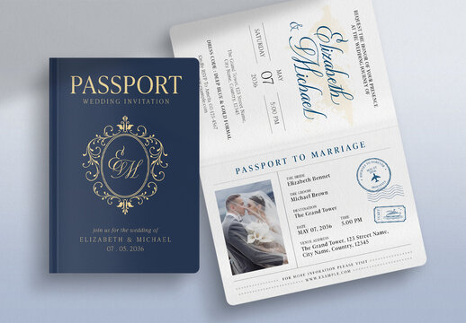 Passport Wedding Invitation Template, travel theme save the date card, RSVP, destination wedding suite