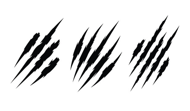 A silhouette of three sets of sharp black claw marks on a white background resembling tiger or bear scratches forming a striking pattern
