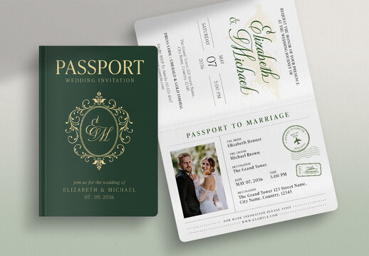 Passport Wedding Invitation Template, travel theme save the date card, RSVP, destination wedding suite
