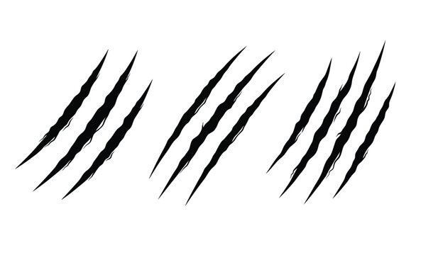 A silhouette of three sets of sharp black claw marks on a white background resembling tiger or lion scratches silhouette