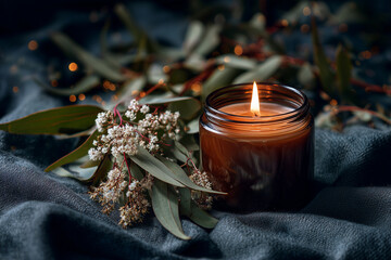 Clear glass jar with lit candle surrounded by eucalyptus leaves and white flowers on dark linen, 45-degree side angle on deep navy background, concept of calm summer night and cozy evenings.