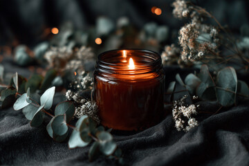 Clear glass jar with lit candle surrounded by eucalyptus leaves and white flowers on dark linen, 45-degree side angle on deep navy background, concept of calm summer night and cozy evenings.
