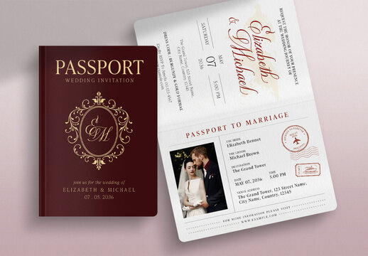 Passport Wedding Invitation Template, travel theme save the date card, RSVP, destination wedding suite