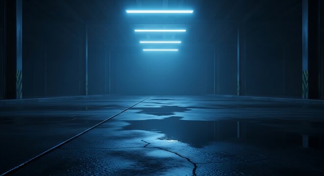 Empty, dark, and long rectangular room with neon lighting. Wet, reflective floors