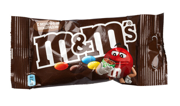 Mm's chocolate candy package with russian label on transparent background