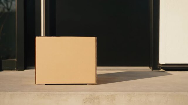 A cardboard box sits on a concrete doorstep in front of a modern home. The door is black, and the wall is white, creating a minimalist aesthetic.