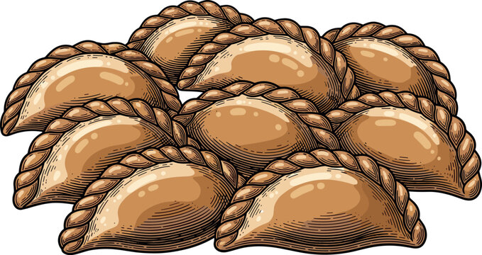 An illustrated pile of golden brown empanadas with braided crusts