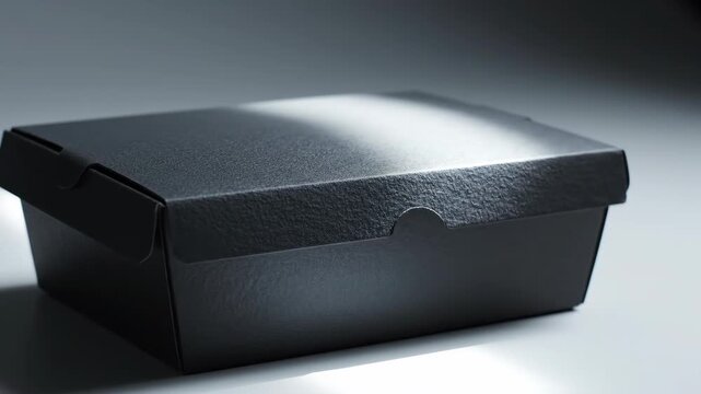 A black takeout box with a textured surface, placed on a light background. The box is closed and has a simple, modern design.