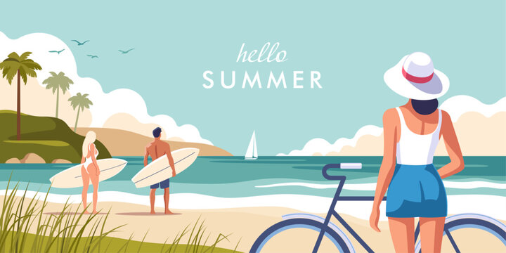 Concept of summer party, vacation and travel. A scene at the beach captures couple preparing of surfing, a woman leans on her bike and relaxing by the sea. Vector illustration.