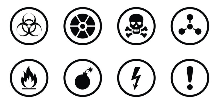 Biohazard, radiation, skull and crossbones, exclamation mark, flammable, chemical hazard, high voltage, explosive icon set