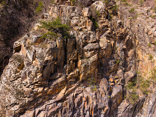 Obraz premium View of rocky cliff with trees in sunny weather captured from above in a natural landscape