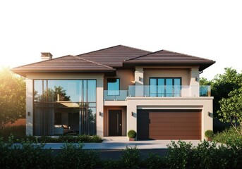 Fototapeta premium Modern twostory house with brown roof and large windows exterior design with garage and plants