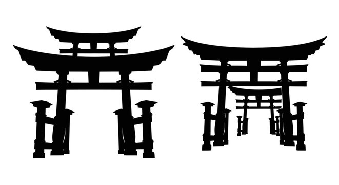 Black silhouette of two traditional japanese torii gates facing forward
