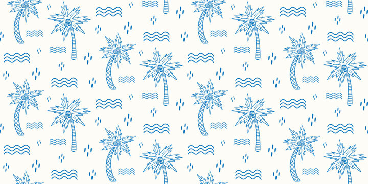 Seamless pattern with blue hand-drawn tropical coconut palms in doodle style on white background. Tropical beach ornament.Botanical elements. Floral decoration. Monochrome design.Vector illustration. 