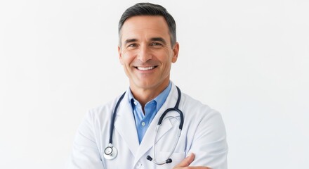 Fototapeta premium Confident male doctor smiling in clinic with stethoscope and professional attire