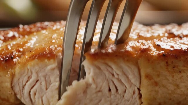 A fork cuts through a juicy roasted meat with crispy skin.