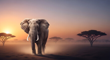 Fototapeta premium Majestic African elephant walking through savanna at sunset, wild bull elephant with tusks in dusty landscape, golden hour safari wildlife scene