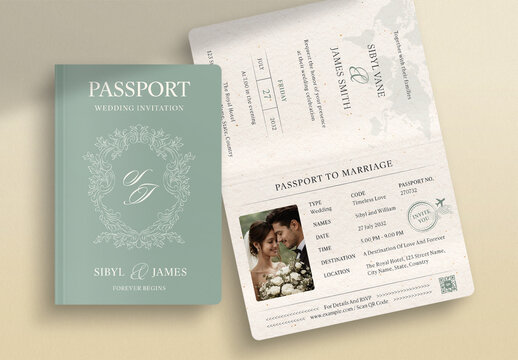 Passport Wedding Invitation Template, Travel Theme Save The Date Card, RSVP Invite Suite