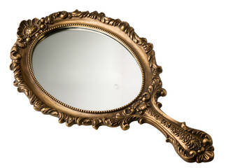 Isolated antique ornate golden handheld vanity mirror, decorative vintage beauty accessory. © Andrei