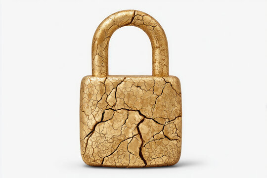 A cracked golden padlock on a light background.